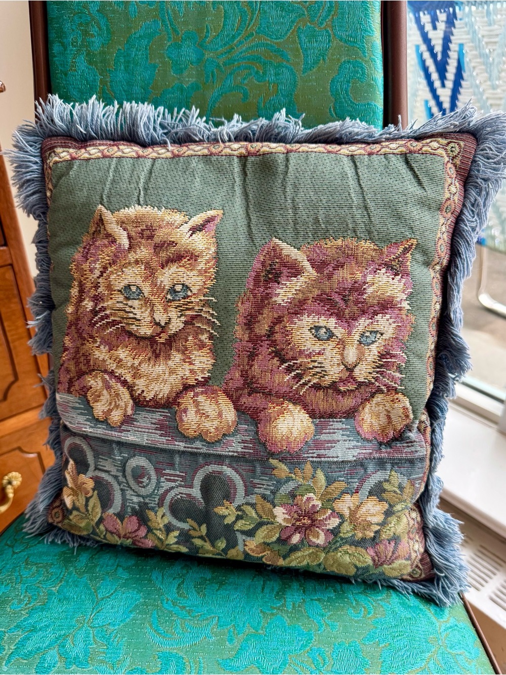 Vintage 1990s Kitten Cat Woven Tapestry Fringe Accent Pillow 12.25” x 13”
